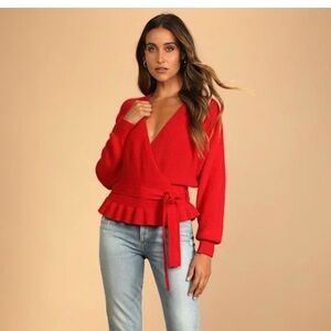 Lulus Red Knit Faux Wrap Sweater Deep V-Neck Ruffles Balloon Sleeves Medium
